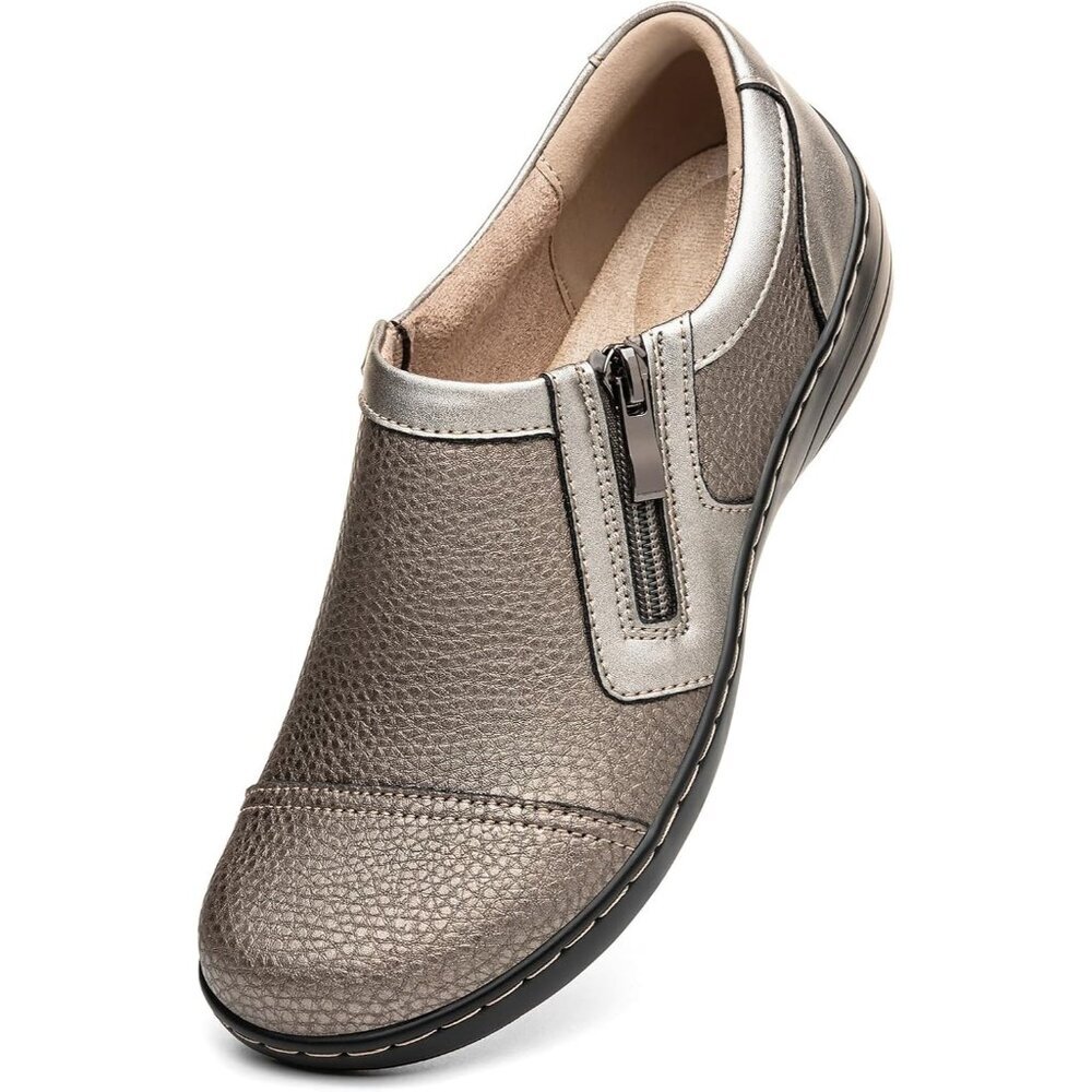 〽️Women's Comfortable And Lightweight Bronze Metallic Leather Loafers Side Zip
